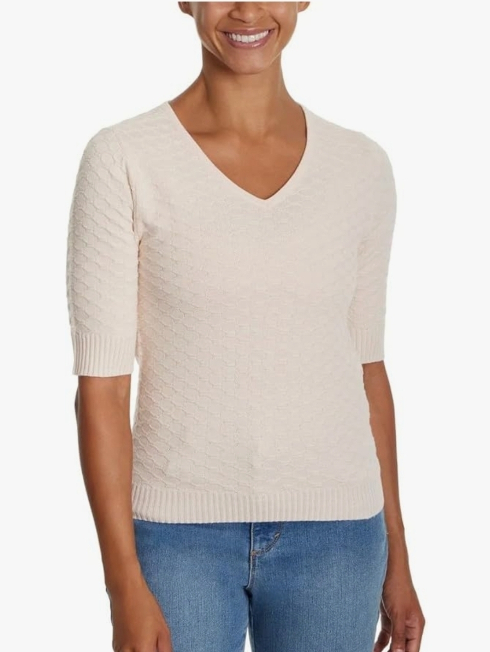 Ella Moss Elbow Sleeve Textured Honeycomb V-Neck Sweater - Pale Pink XS - Picture 5 of 5